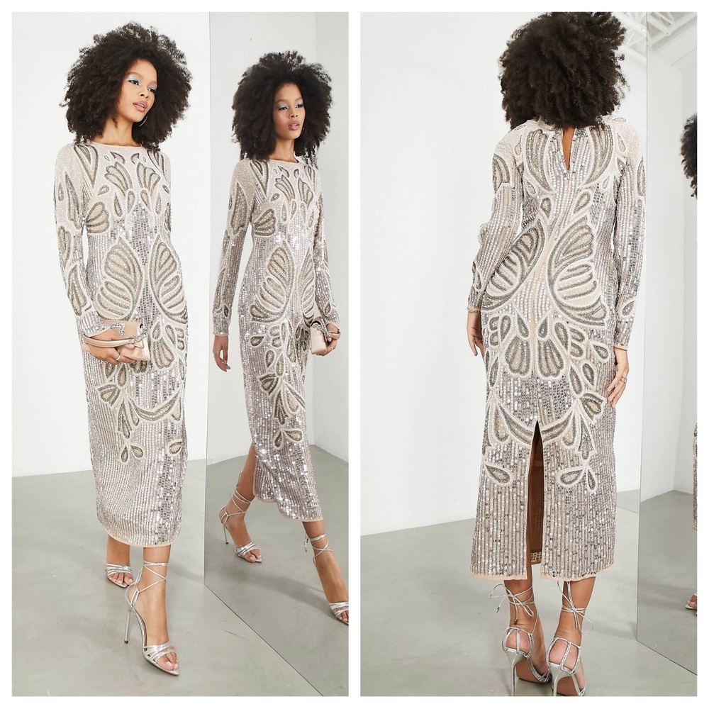 NWT ASOS Crystal Sequin Bodycon Midi Dress Blush